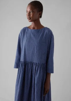 Check Crinkle Cotton Boat Neck Dress