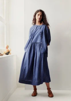 Check Crinkle Cotton Boat Neck Dress