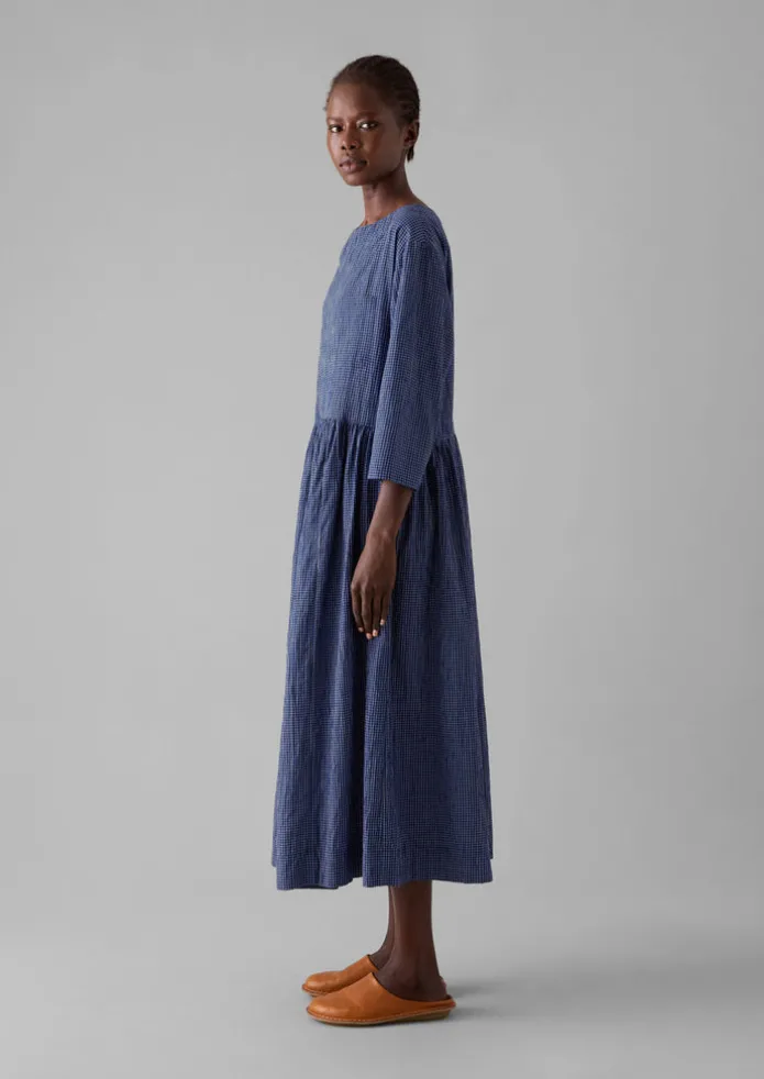 Check Crinkle Cotton Boat Neck Dress