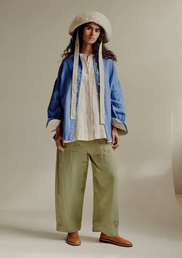 Garment Dyed Linen Barrel Leg Trousers