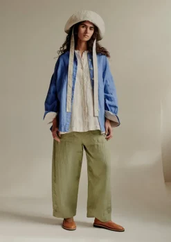 Garment Dyed Linen Barrel Leg Trousers
