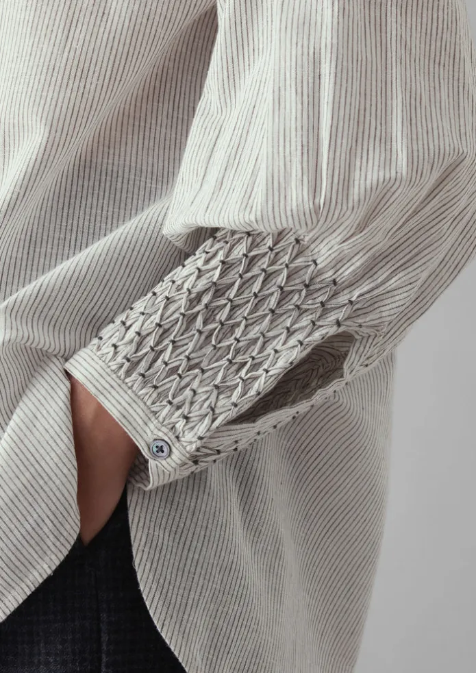 Hand Smocked Stripe Cotton Linen Shirt