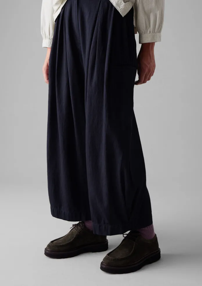 Indigo Cotton Twill Wide Leg Trousers