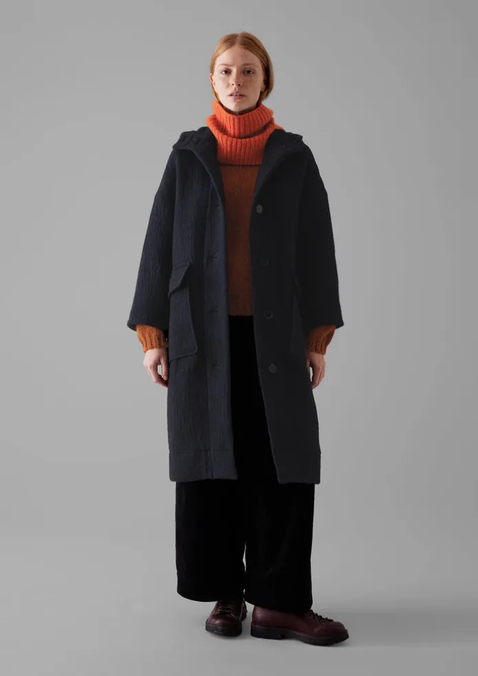 Navy Wool Hooded Coat